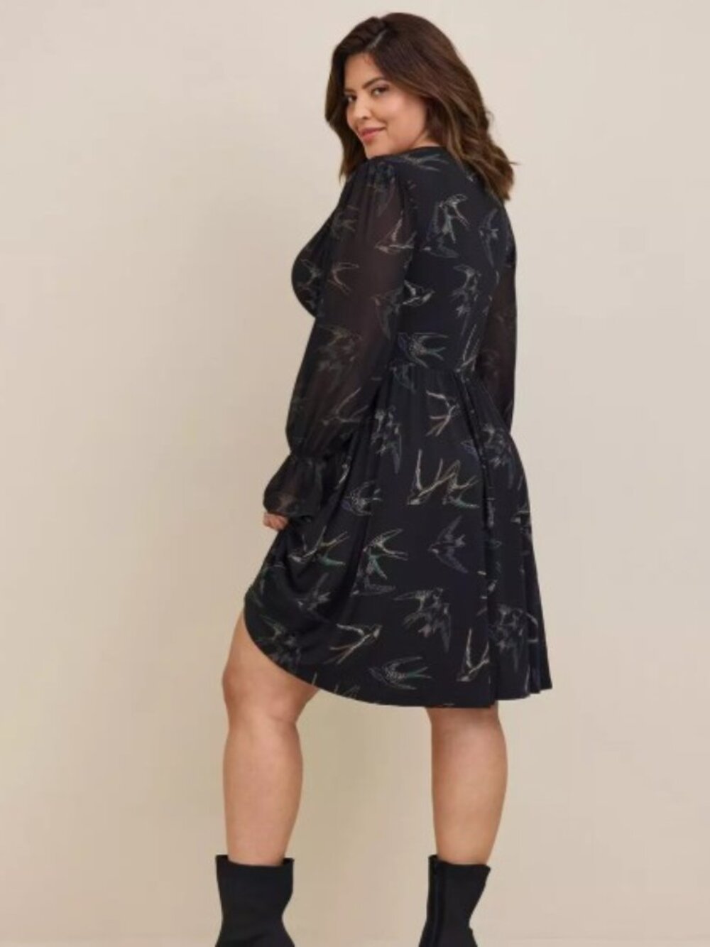 Torrid Swallow Print Studio Knit Faux Wrap Dress Chiffon Sleeve - Plus - Picture 2 of 11